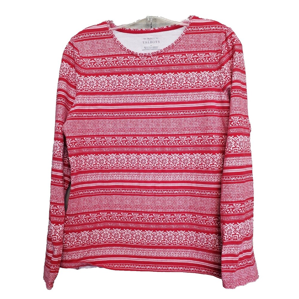 Talbots Cotton/Spandex Fair Isle Print Long Sleeve Crew Neck T-Shirt Size Medium